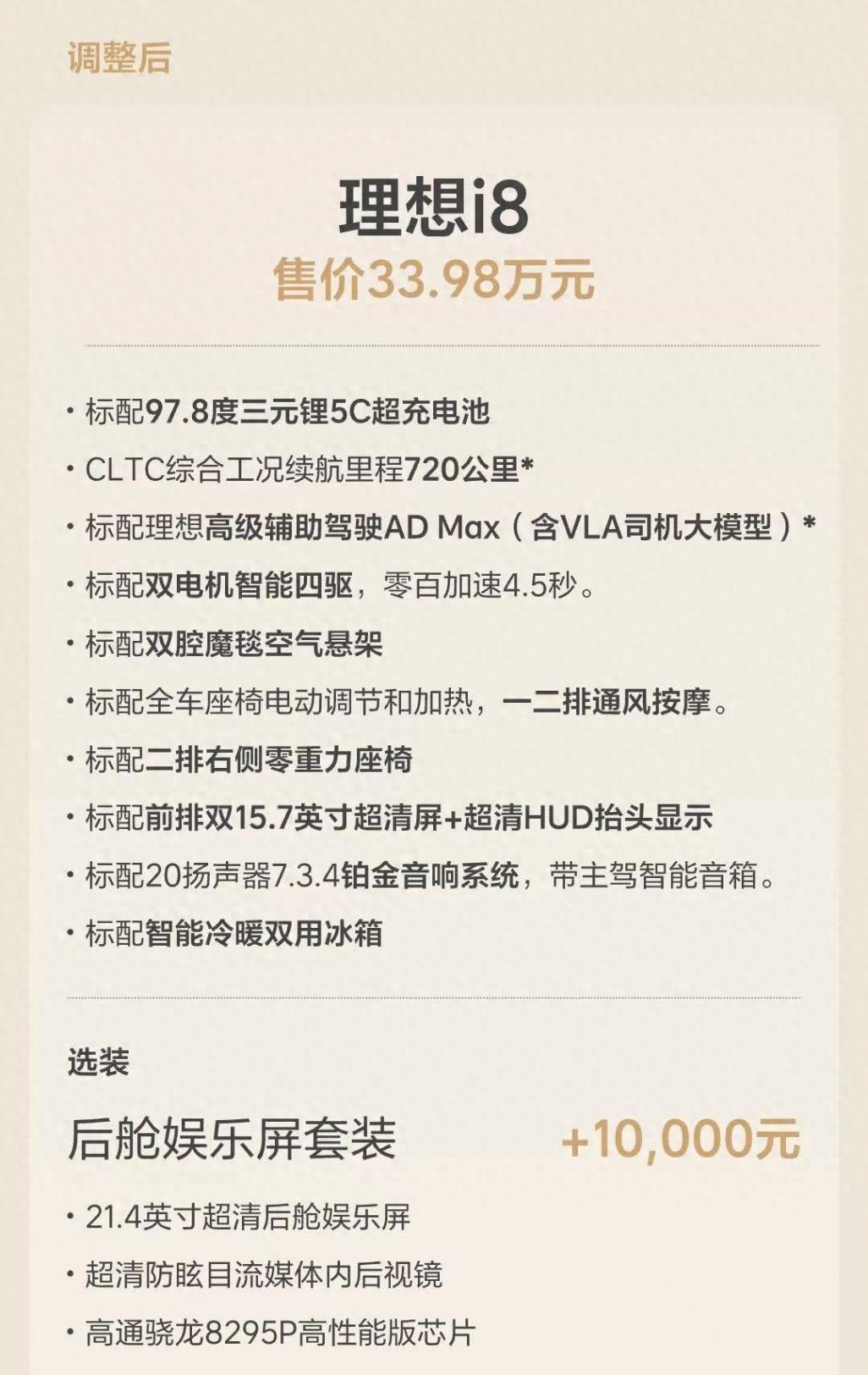 33.98万元!理想i8统一配置售价